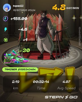 A Pokémon GO-style fitness screen showing a trainer level 30 with a character, stats including 4.8 GGT/MIN, +155.00, and workout metrics: 2.19 km, 00:32:14 time, 4.07 Avg Speed, with text 'STEPN GO' and 'TRAINER #686343404'.