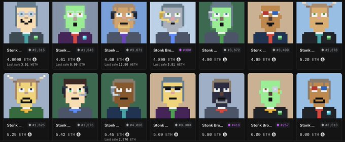A collection of pixel-art Stonks NFT profile cards are displayed in a grid, showing various characters with names like "Stonk Bro..." and current prices ranging from 4.60 ETH to 6.00 ETH, along with their last sale prices. The image visually represents the StonkBrokers NFT collection mentioned in the post, illustrating the current depressed floor prices (4.60-6.00 ETH) that the commenter hopes a 25-sale whale sweep could push back up to 10 ETH.