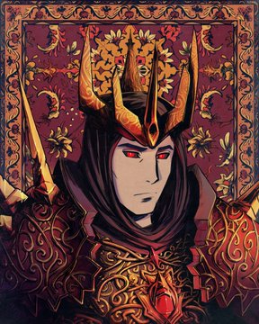 The image shows a stylized portrait of a crowned, horned dark figure with glowing red eyes set against an ornate red and gold tapestry background, matching the regal and ominous aesthetic of the Mad King NFT referenced in the post. The artwork's imposing, throne-like composition mirrors the "Mad King" character whose high-value sale (30k USDC) on the MadLads marketplace is being shared.