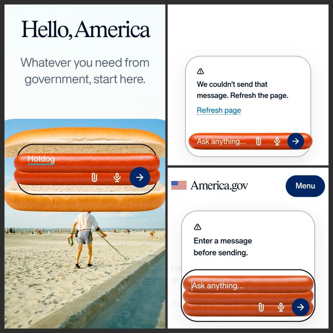 A collage of screenshots from America.gov's 'Hello, America' chatbot interface, showing error messages ('We couldn't send that message. Refresh the page' and 'Enter a message before sending') with a hotdog-themed visual parody where the chat input bar resembles a hotdog in a bun.