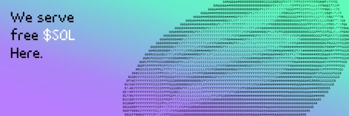 A pixel-art tree composed of repeating "S" and "$" characters in green and purple hues accompanies text reading "We serve free $SOL Here." The imagery visually symbolizes how dormant Solana token accounts—referred to as "ATAs"—accumulate and lock small amounts of SOL rent, much like leaves piling up on a tree's branches.