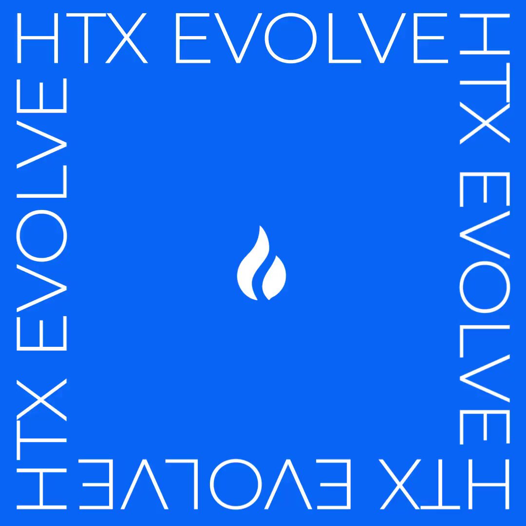 The image showcases a square frame filled with white text that reads "HTX EVOLVE" and "Popular TradFi Assets Now onHTX Trade US stocks, gold, oil and global indices all in one place. Track market moves faster and execute trades with ease." The phrase "HTX Evolve" appears twice, one in each half of the frame. A white logo symbol is located at the bottom left corner of the image.
