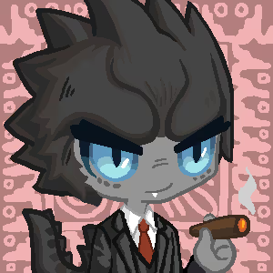 A chibi-style cartoon character with black spiky hair, blue eyes, and a grey complexion wearing a black suit with a red tie, holding a cigar against a pink background with gear patterns.