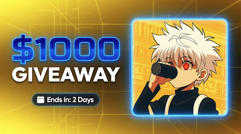 Promotional graphic announcing a "$1000 GIVEAWAY" ending in 2 days, featuring an anime-style white-haired character with red eyes drinking from a cup, set against a yellow grid background with anime shelves. The image visually reinforces the giveaway's post by highlighting the prize amount and the 48-hour deadline.