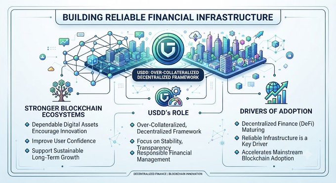 Infographic titled 'Building Reliable Financial Infrastructure' showcasing USDD's over-collateralized decentralized framework, with sections on stronger blockchain ecosystems, USDD's role, and drivers of adoption including DeFi.