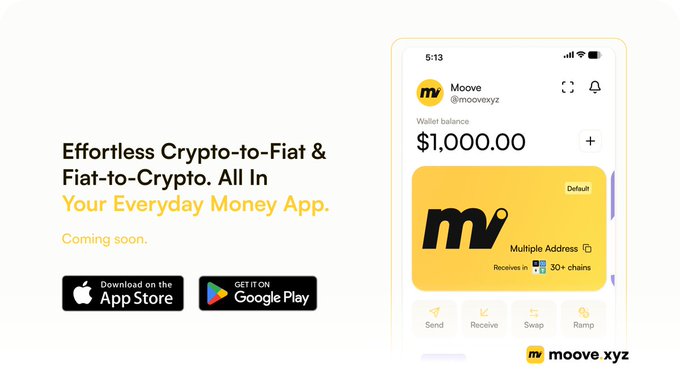 Moove xyz promotional graphic advertising 'Effortless Crypto-to-Fiat & Fiat-to-Crypto. All In Your Everyday Money App.' with a phone showing a $1,000.00 wallet balance.