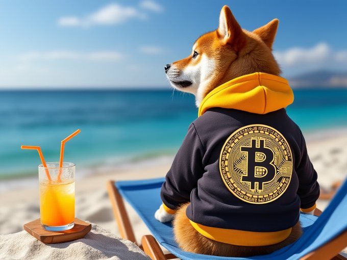 A Shiba Inu dog wearing a dark hoodie with a large golden Bitcoin logo relaxes on a beach chair, with a glass of orange juice nearby and the ocean in the background.