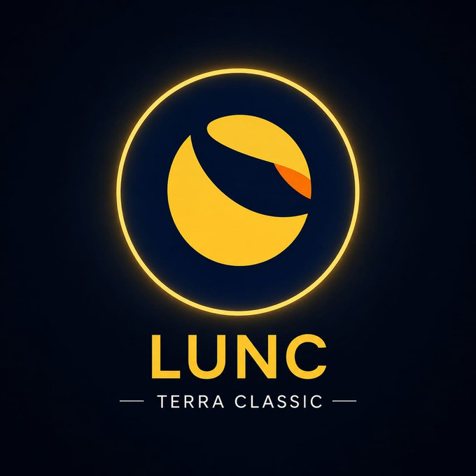 The LUNC (Terra Classic) cryptocurrency logo featuring a yellow crescent moon design within a glowing circle on a dark navy background.