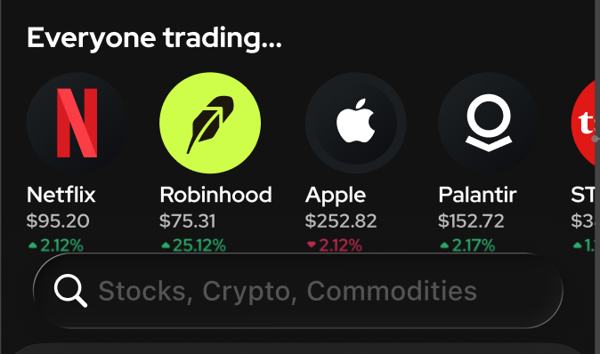 The image shows a stock trading app interface displaying popular tickers like Netflix ($95.20, +2.12%), Robinhood ($75.31, +25.12%), Apple ($252.82, -2.12%), and Palantir ($152.72, +2.17%), with a search bar for "Stocks, Crypto, Commodities." This visual supports the post's message about the Cronos app democratizing access to US stocks, illustrating the types of major US brands and securities users worldwide can easily trade through the platform.