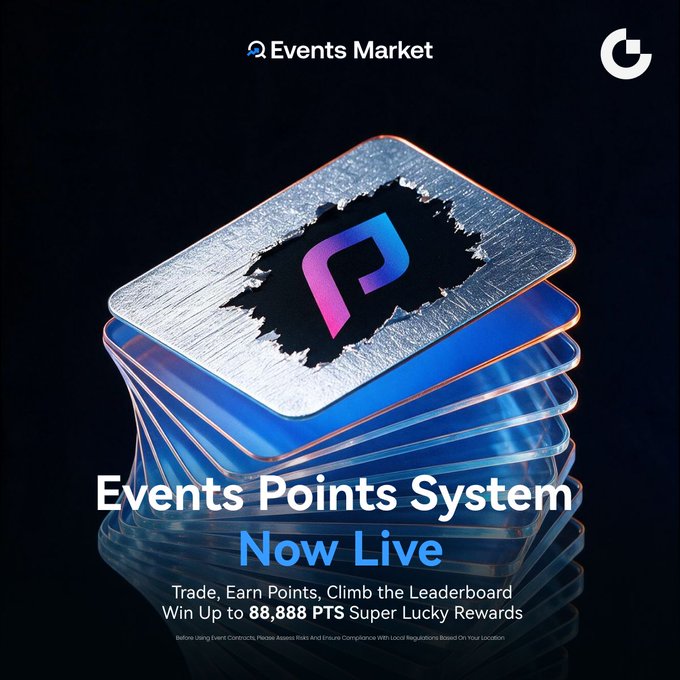 A promotional graphic for "Events Market" announcing their Events Points System is now live, featuring a stack of metallic cards with a logo and text about earning points and winning up to 88,888 PTS rewards.