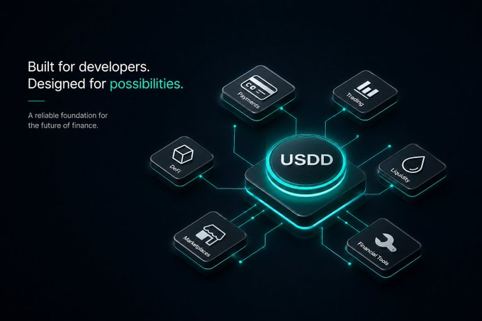 A promotional graphic with the text 'Built for developers. Designed for possibilities.' alongside a central glowing USDD crypto token icon connected to surrounding feature tiles including 'Payments', 'Trading', 'Liquidity', 'Financial Tools', 'Maintenance', and 'Yield'.