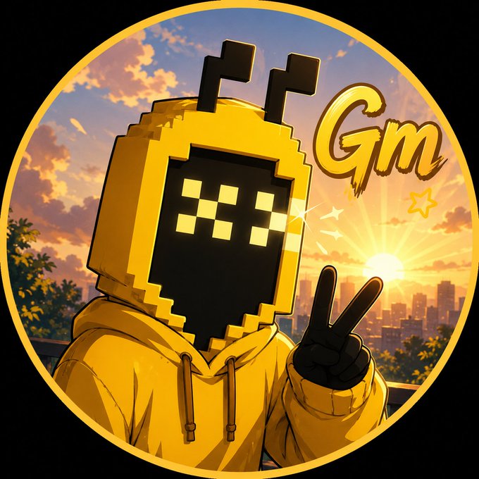 A pixel-art character with a yellow hood and a black square face displaying pixelated "deal-with-it" sunglasses gives a peace sign against a golden sunset cityscape, with "Gm" written in cursive letters above—perfectly matching the cheerful "Gm" greeting to NFT "jpeg frens."