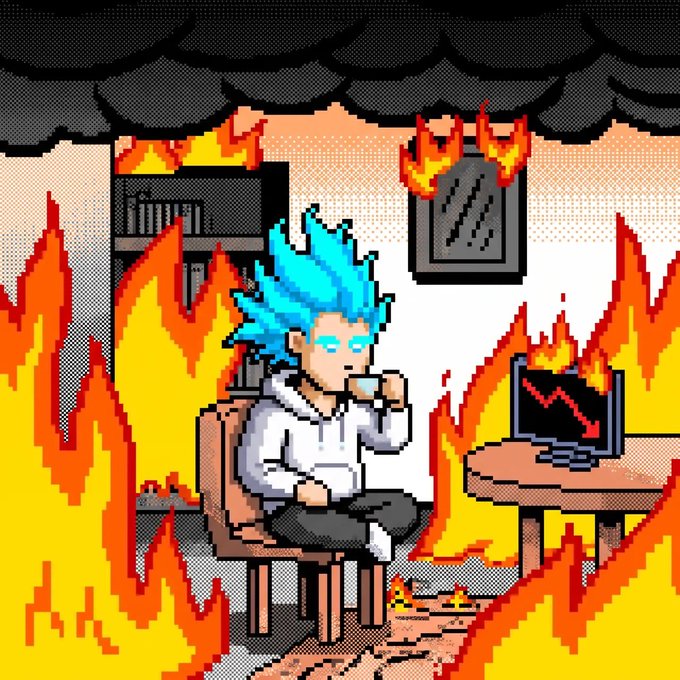 A pixel-art illustration shows a cyan-haired character in a white hoodie calmly drinking from a cup while surrounded by flames, with a red downward chart on a burning monitor in the background.
