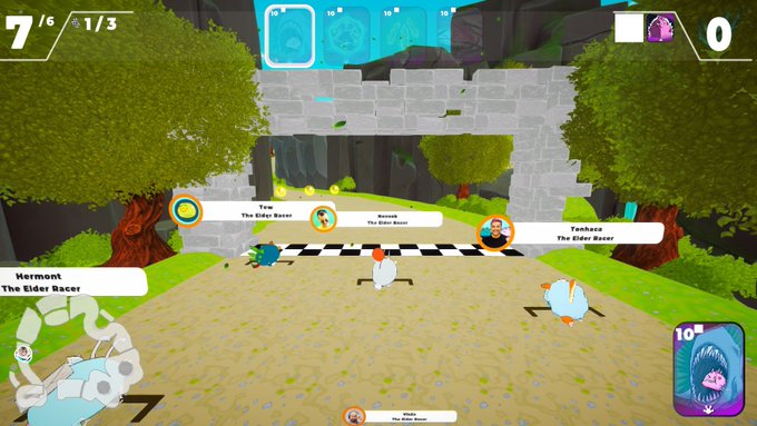A screenshot from a video game titled 'The Elder Racer' featuring characters Tew, Storm, Pumbaa, and Hermont positioned on a sandy track, with a score of 7/6 and 1/3 visible in the top left corner.