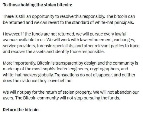 The image shows a public statement from Blockstream addressed "To those holding the stolen bitcoin," refusing to pay a ransom and demanding the return of the remaining ~598 BTC drained from the Liquid Network, while warning that the transparent nature of Bitcoin will allow them to trace the funds with law enforcement.