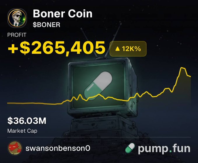 A crypto trading dashboard on pump.fun displays "Boner Coin" ($BONER) with a +$265,405 profit (▲12K%) and a $36.03M market cap, tied to user "swansonbenson0" against a backdrop of an old TV showing a pill icon and an upward trending chart line. The image illustrates the post's commentary about how massive percentage gains on small-cap memecoins appear impressive, but represent negligible real-world profits compared to the scale of money that established crypto traders ("CT guys" and "OGs") typically move daily on assets like BTC.