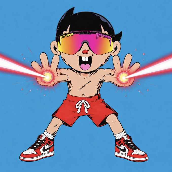 A cartoon-style illustration of a shirtless young boy wearing rainbow ski goggles, red shorts, and red/white sneakers, shooting red laser beams from his palms.