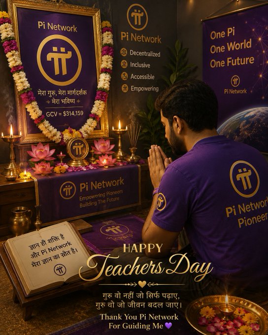 Pi Network cryptocurrency promotional image showing a man in a purple "Pi Network Pioneer" shirt praying before a Pi Network shrine, wishing "HAPPY Teachers Day" and thanking Pi Network for guiding them; GCV ≈ $314,159 is displayed.