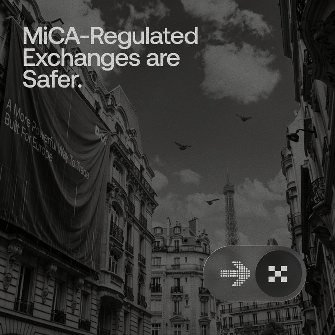 The black-and-white image shows a European street scene, likely Paris given the Eiffel Tower visible in the background, with bold text reading "MiCA-Regulated Exchanges are Safer" and a banner stating "A More Powerful Way To Trade Built For Europe." The OKX logo appears in the lower right corner, reinforcing the post's message about OKX being a MiCA-compliant exchange for trading ETH and other crypto in Europe.