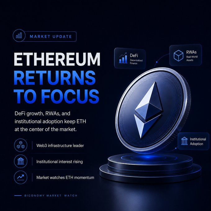 A "Market Update" graphic titled "ETHEREUM RETURNS TO FOCUS" features a glowing 3D ETH coin on a pedestal alongside icons highlighting DeFi (Decentralized Finance), RWAs (Real-World Assets), and Institutional Adoption. Key points listed include "Web3 infrastructure leader," "Institutional interest rising," and "Market watches ETH momentum," with branding from "BiCONOMY Market Watch" at the bottom—visually reinforcing the post's message about Ethereum's renewed market attention.