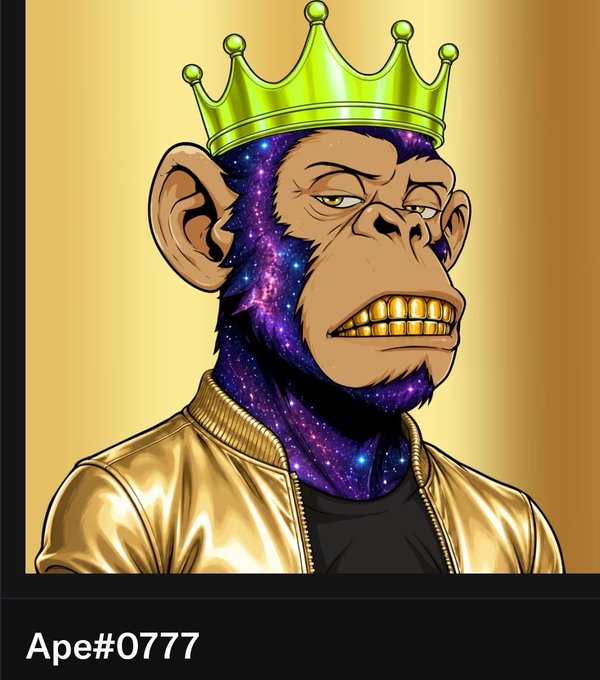 Digital artwork of a Bored Ape-style character with a galaxy-patterned face, gold teeth, and a neon green crown, labeled 'Ape#0777' at the bottom.