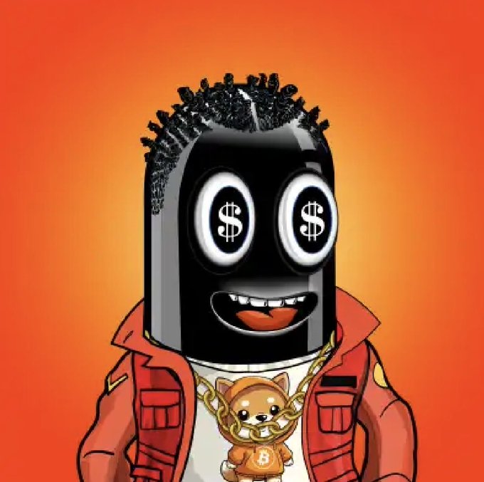 A stylized digital illustration of a cartoon character with dollar sign eyes, black spiky hair, wearing a red jacket and a gold chain with a Shiba Inu pendant against an orange background.
