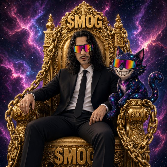 A digital artwork depicts a man in a black suit and a cosmic-patterned Cheshire Cat, both wearing rainbow shutter shades, sitting on a golden throne adorned with '$MOG' text against a space background.
