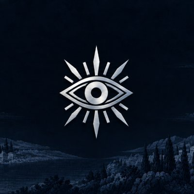 A dark graphic with a glowing white all-seeing eye symbol over a landscape background.