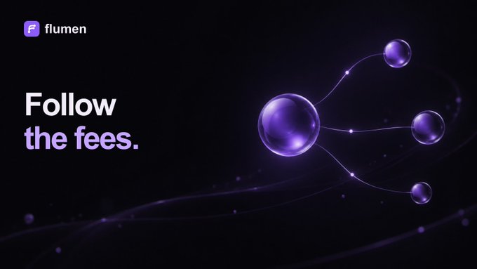 A promotional graphic for Flumen with the tagline "Follow the fees." featuring purple spherical orbs connected by glowing lines against a dark background.