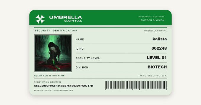 A green-themed security ID card for Umbrella Capital Biotech Division, with the name 'kalista', ID No. '002248', Security Level 'LEVEL 01', and the tagline 'THE FUTURE OF BIOTECH.'