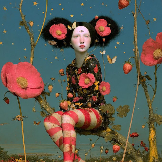 A surreal digital artwork featuring a pale figure with an eye on their forehead and hair styled into buns adorned with large pink flowers, wearing a floral dress and red-and-white striped tights, seated among oversized pink poppies, strawberries, butterflies, and a starry teal sky.