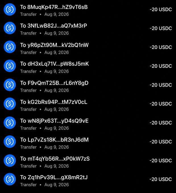 A list of cryptocurrency transfer transactions showing multiple outbound transfers of -20 USDC each to various Solana wallet addresses on Aug 9, 2026, suggesting the image documents payouts sent to participants responding to a giveaway request.