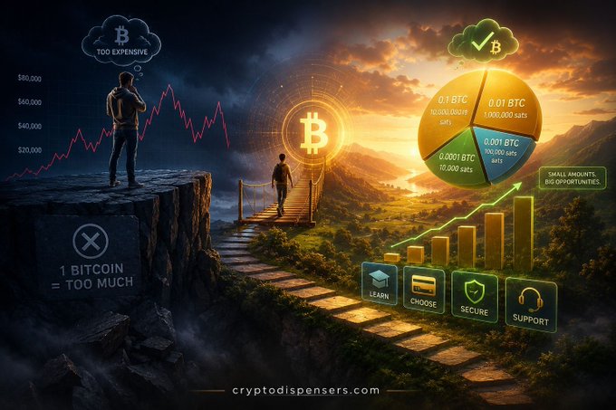 The image shows a man standing at the top of a cliff, looking out over a valley below him. The scene depicts a person walking away from the viewer towards the edge of the cliff. In the background, there are two graphs representing Bitcoin's value in different time periods and locations. One graph shows the price of Bitcoin increasing over time, while the other graph displays the price decreasing. These visual representations help to illustrate the myth that Bitcoin is too expensive for beginners.