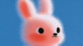 A small pink animated bunny character on a blue background.