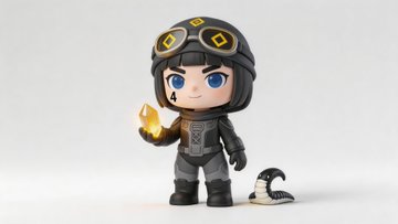 The image features a figurine of a person dressed as a robot, holding an object that appears to be a crystal or gemstone. The figurine is wearing a helmet with goggles and has a sword in its hand. The background of the image is white, which contrasts with the dark colors of the figurine's outfit and weapon. The post reads "沙丘盲盒 #币安联动".