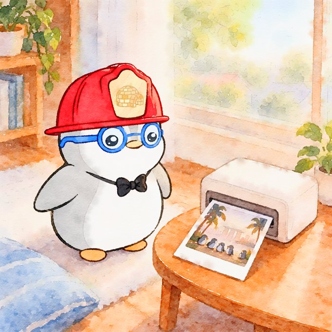 A watercolor illustration of a cartoon penguin character with blue glasses, a bow tie, and a red firefighter helmet standing in a cozy interior next to a printer.