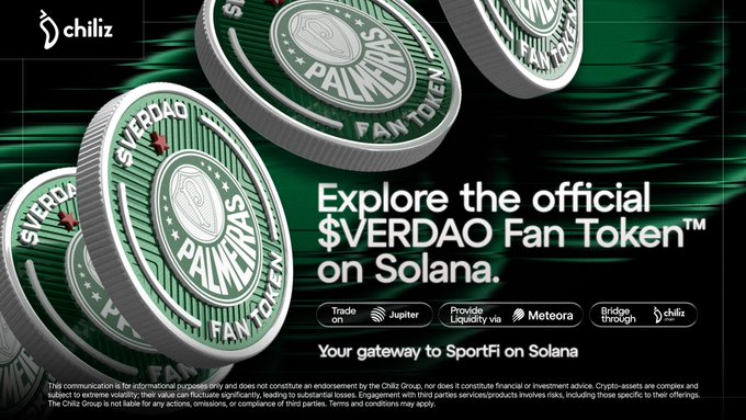 Chiliz advertisement promoting the official $VERDAO Fan Token on Solana, featuring green Palmeiras-branded coins and details for trading on Jupiter, providing liquidity via Meteora, and bridging through Chiliz.