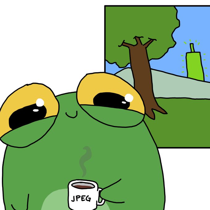 A cartoon green frog character holding a mug labeled 'JPEG' in front of a landscape painting featuring a tree and hills.