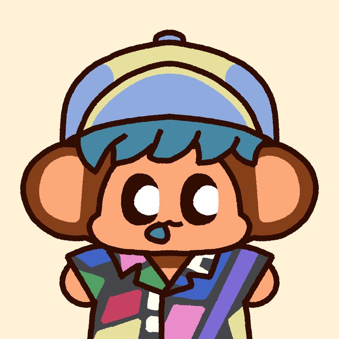 A cartoon illustration of a cute character with big round eyes, wearing a blue and yellow cap and a colorful patchwork shirt against a cream background.