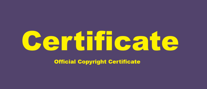 The image displays a deep purple background with bold yellow text reading "Certificate" and "Official Copyright Certificate" beneath it, visually framing the post's discussion about image copyright registration tied to a ~30M market cap meme coin versus a 100K cap rival, highlighting the theme of official ownership and intellectual property in the meme coin space.