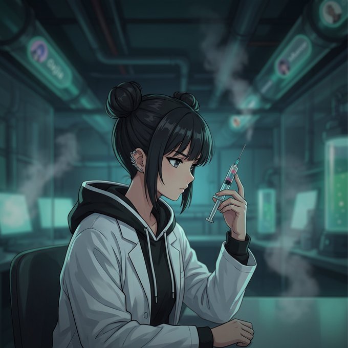 Anime-style illustration of a young female scientist with black double-bun hair and a white lab coat examining a syringe filled with pink and blue liquid in a dimly lit, high-tech laboratory with glowing monitors.