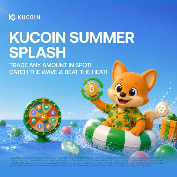 A KuCoin promotional banner features the brand's fox mascot in a Hawaiian shirt floating on a green-and-white inner tube, holding a Bitcoin coin next to a colorful spinning prize wheel featuring crypto logos, with the headline "KUCOIN SUMMER SPLASH - TRADE ANY AMOUNT IN SPOT! CATCH THE WAVE & BEAT THE HEAT!" — visually reinforcing the post's message about spot trading and spinning the Lucky Wheel to win from the 10,000 USDT prize pool.