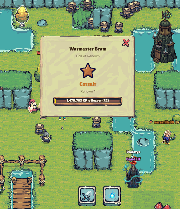 A screenshot from a 2D pixel-art RPG game showing a dialogue or info box for 'Warmaster Bram' from the 'Hall of Renown,' labeled as a 'Corsair' with a '1,470,703 XP to Reaver (R2)' progress bar.