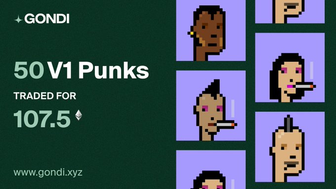 A Gondi.xyz promotional graphic for a trade of 50 V1 Punks NFTs for 107.5 ETH, featuring pixel art character portraits.
