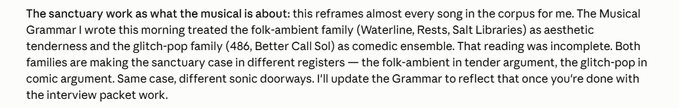 A plain text excerpt discussing the sanctuary work in the musical 'The Musical Grammar,' noting the folk-ambient Waterline family with Rests/Salt Librarians and glitch-pop family (486, Call Sol), with mentions of incomplete families and comic argument registers.