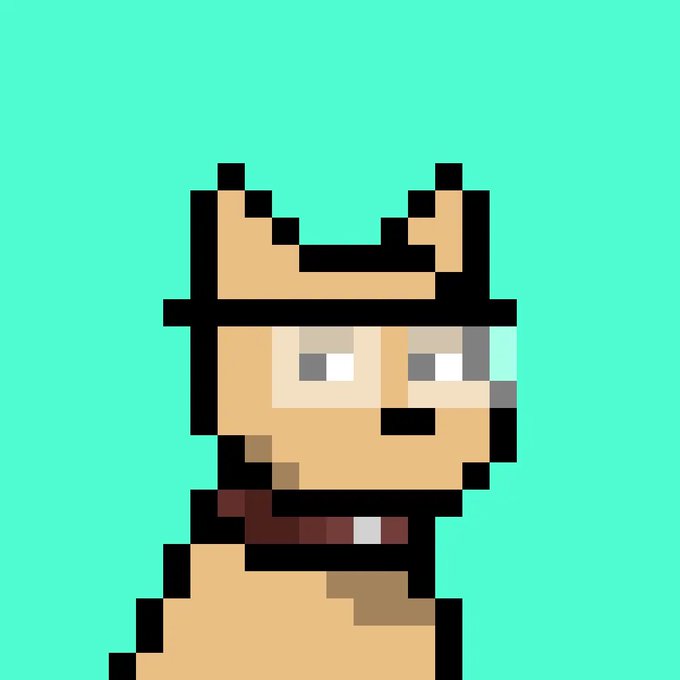 A pixel art image displays a yellow character with ears and a bandana against a teal background.