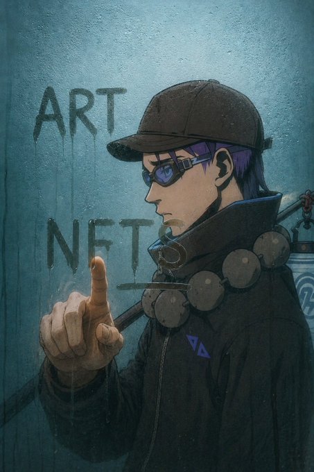 An anime-style character with purple hair, sunglasses, and a black cap writes "ART NFT" on a foggy blue wall, symbolizing creation and promotion of digital art NFTs on platforms like Robinhood.