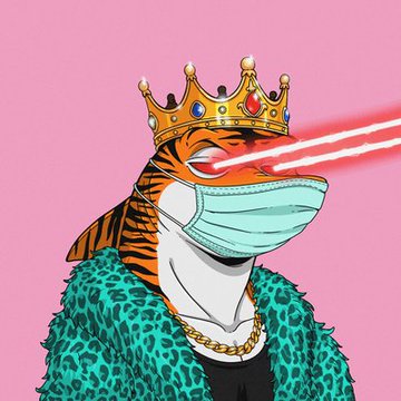 A pop-art style illustration of a tiger wearing a crown, gold chain, green fur coat, and face mask, shooting red laser beams from its eyes against a pink background.