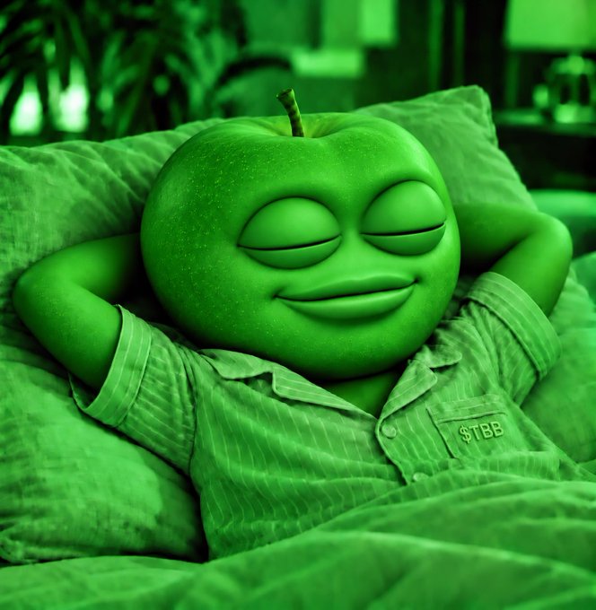 A 3D-rendered character with a green apple for a head, wearing green-striped pajamas, lies in bed with eyes closed in contentment, bathed entirely in green lighting.