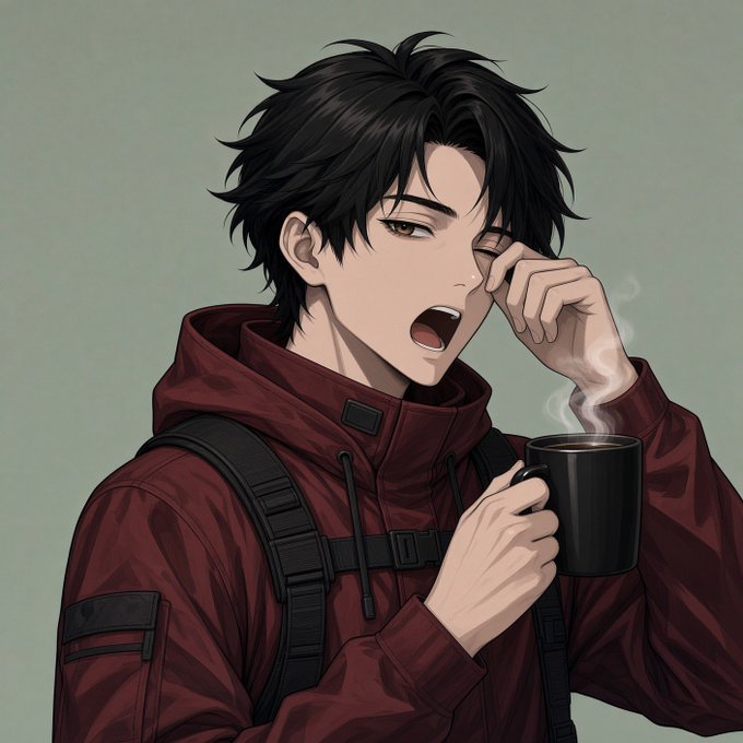 An anime-style illustration of a black-haired male character in a dark red hooded outfit, drinking from a black mug with steam rising from it.